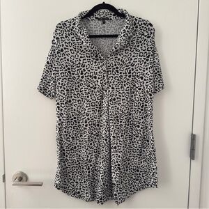 Tart Intimates Leopard Print Sleep Dress Pajama Shirt White Black Collared Cozy